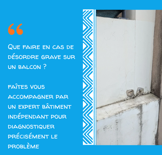 Dégradation du béton d’un balcon avec fissure visible